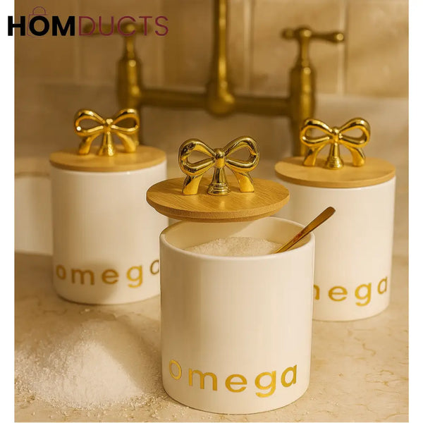Luxury Ceramic Canister Set with Gold Bow Lids – Set of 3
