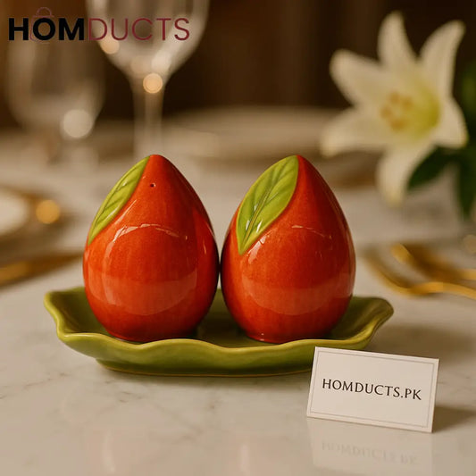 Luxury Ceramic Pear Shaped Salt & Pepper Shaker Set with Leaf Tray