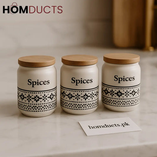 Luxury Ceramic Spice Jar Set – 3 Piece With Airtight Wooden Lids