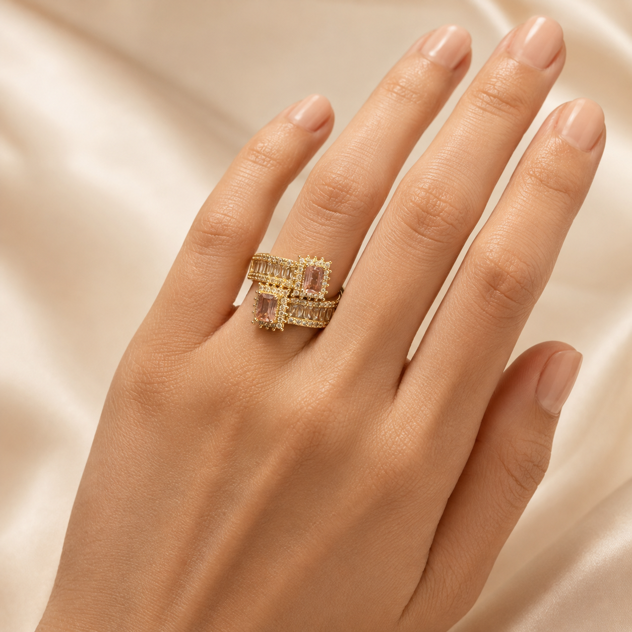 Luxury champagne pink double crystal adjustable ring on female model hand
