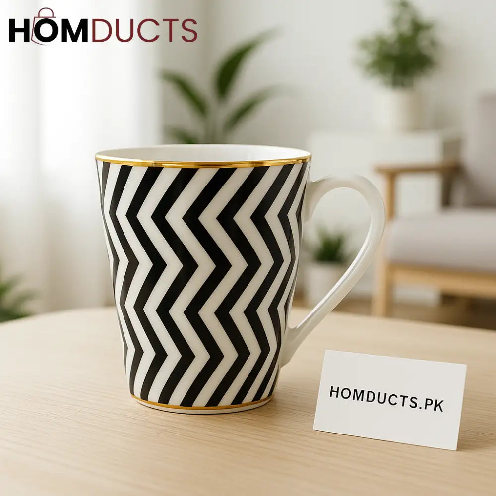 Luxury Chevron Gold-Rim Ceramic Mug – Black & White