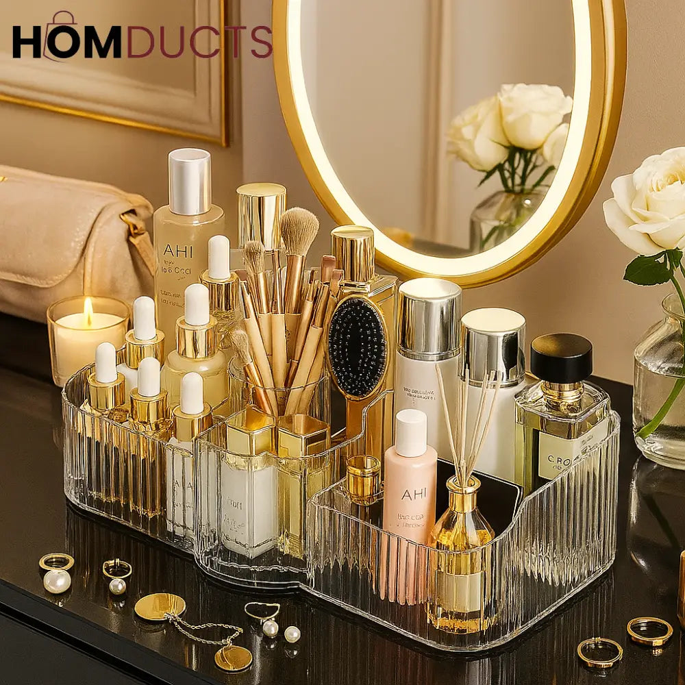 Luxury Clear Acrylic Makeup Organizer with Compartments for Brushes Perfumes & Skincare