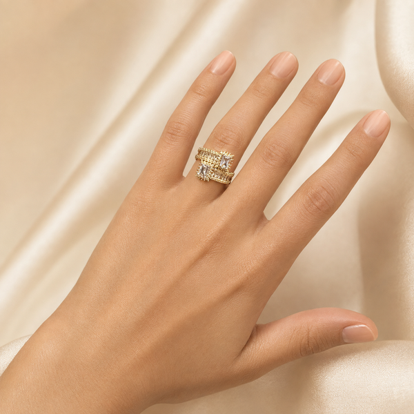 Luxury clear double crystal adjustable ring on female model hand