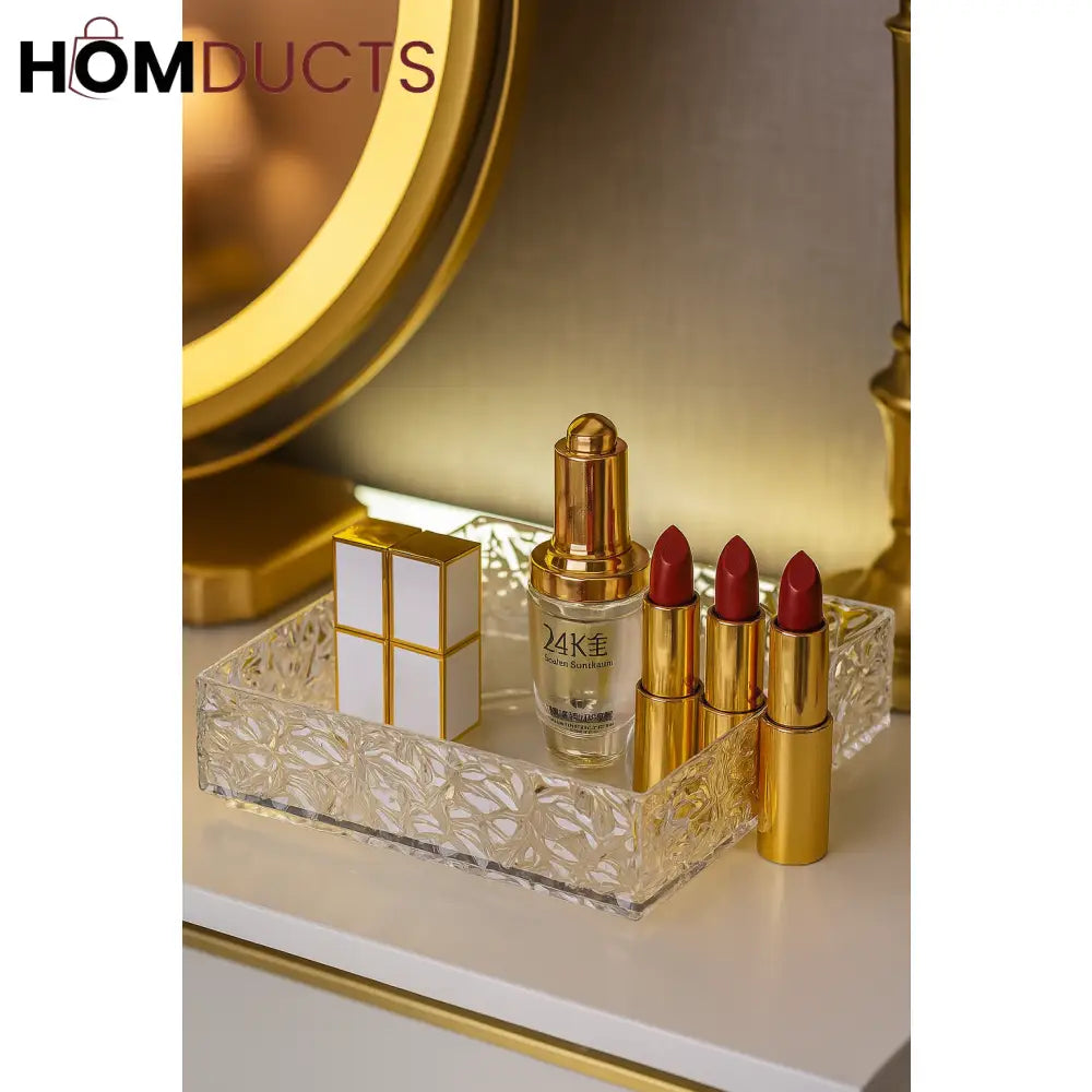 Luxury Clear Glass Makeup Organizer Tray – Decorative Vanity Storage Box