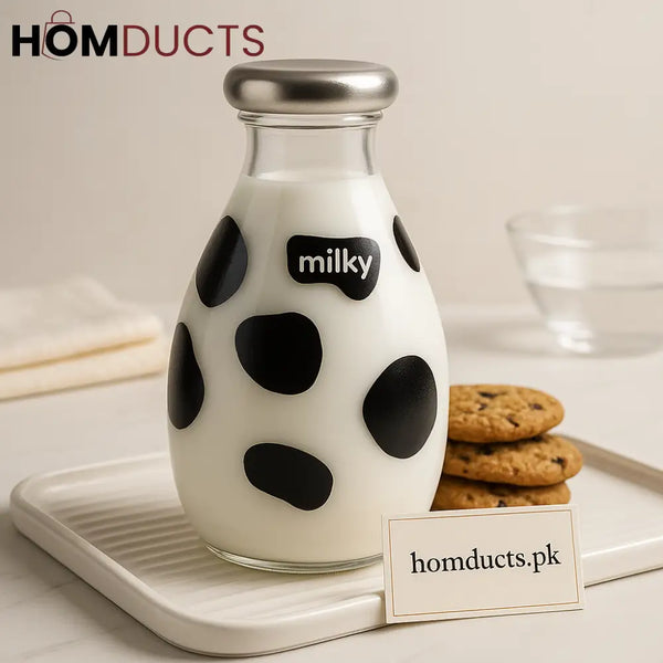 Luxury Cow Print Glass Milk Bottle – Vintage Style with Lid (500ml)