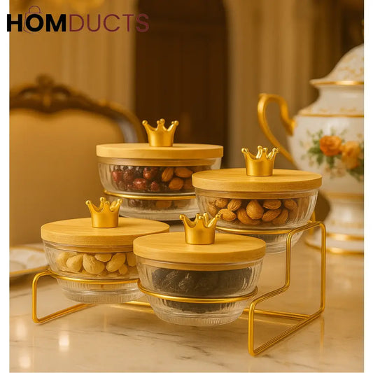 Luxury Crown Glass Bowl Set with Golden Stand – 4-Piece Snack & Dry Fruit Server