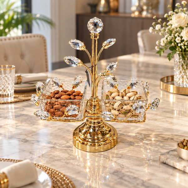 Luxury two-bowl crystal dry fruit serving set with gold stand