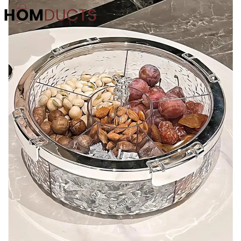 Luxury Crystal Snack Serving Bowl with Lid – 6-Compartment Dry Fruit & Nut Storage Organizer Tray