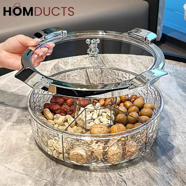 Luxury Crystal Snack Serving Bowl with Lid – 6-Compartment Dry Fruit & Nut Storage Organizer Tray