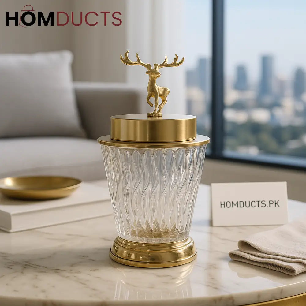 Luxury Crystal Storage Jar with Golden Deer Lid – Premium Decorative Container