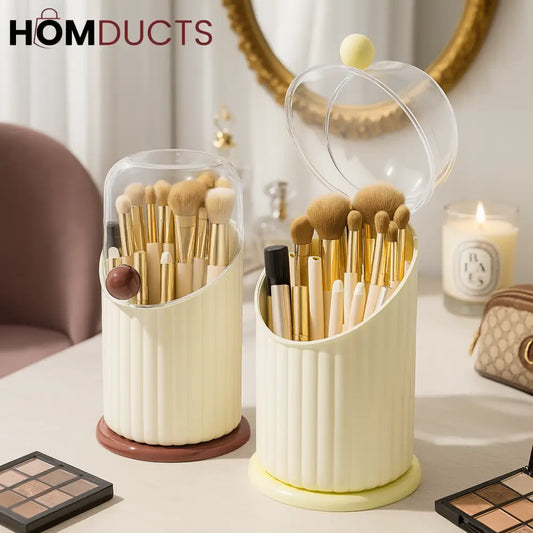 Luxury Dome-Lid Makeup Brush Organizer Set – Ribbed Vanity Storage with Gold Accents