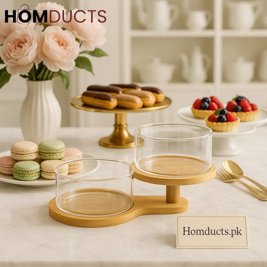 Luxury Dual Glass Dessert Bowl Set with Bamboo Base – Tiered Serving Stand for Sweets & Snacks