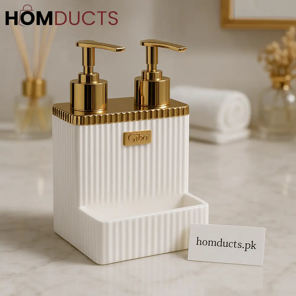 Luxury Dual Soap & Lotion Dispenser – White & Gold Bathroom Organizer