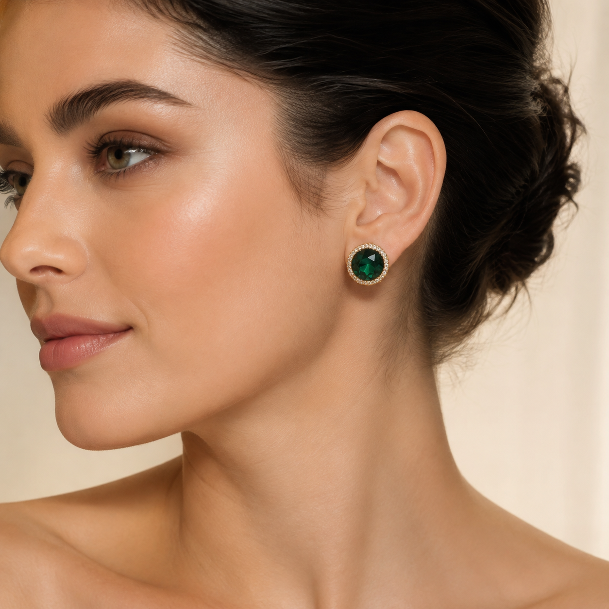 Luxury Emerald Green Round Crystal Halo Stud Earrings worn by a female model