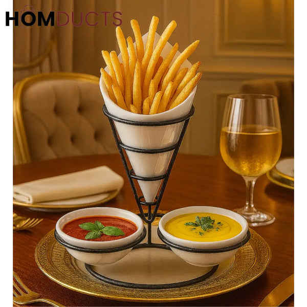 Luxury French Fry Cone Stand with Dual Sauce Dishes – Ceramic & Metal Holder