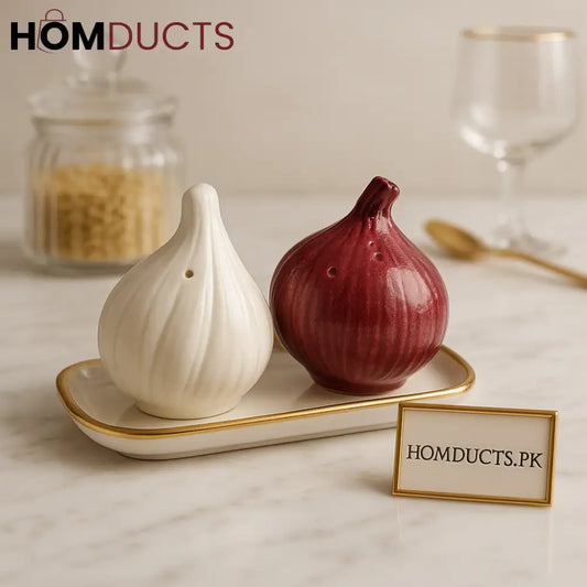 Luxury Garlic & Onion Ceramic Salt and Pepper Shaker Set – Golden Trim Tray