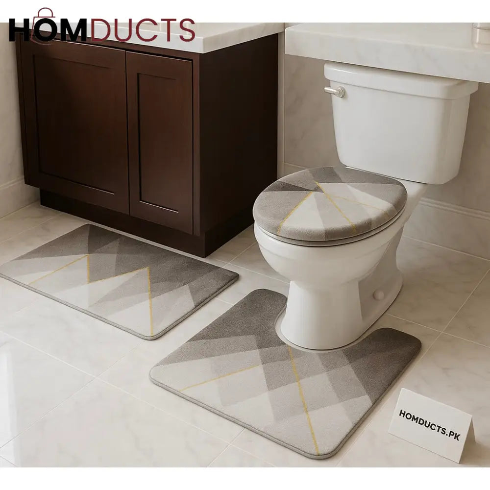 Luxury Geometric 3 Piece Bathroom Mat Set – Non Slip Ultra Soft & Quick Dry