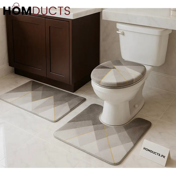 Luxury Geometric 3 Piece Bathroom Mat Set – Non Slip Ultra Soft & Quick Dry