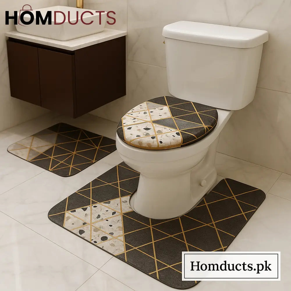 Luxury Geometric Bathroom Mat & Toilet Cover Set – Premium Anti Slip Water Absorbent 3 Piece Set