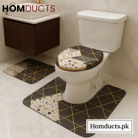 Luxury Geometric Bathroom Mat & Toilet Cover Set – Premium Anti Slip Water Absorbent 3 Piece Set