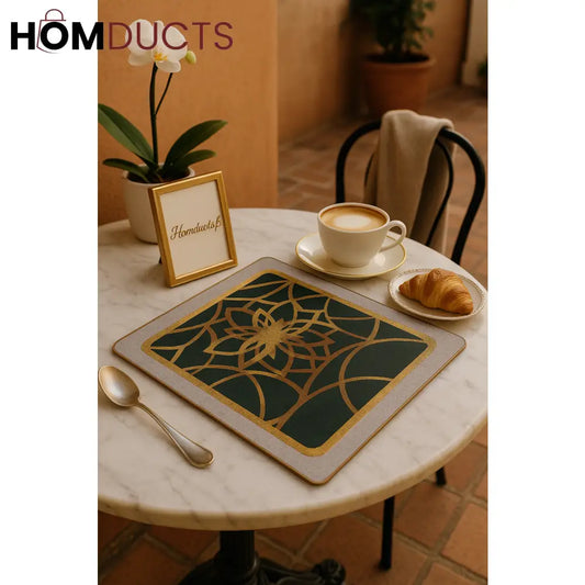 Luxury Geometric Gold-Accent Table Mat – Emerald & Grey Finish (2pcs)