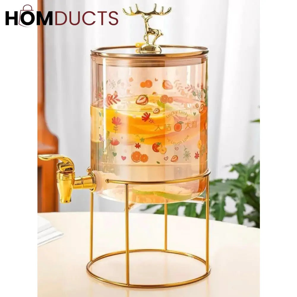 Luxury Glass Beverage Dispenser with Gold Stand & Deer Lid – 3L