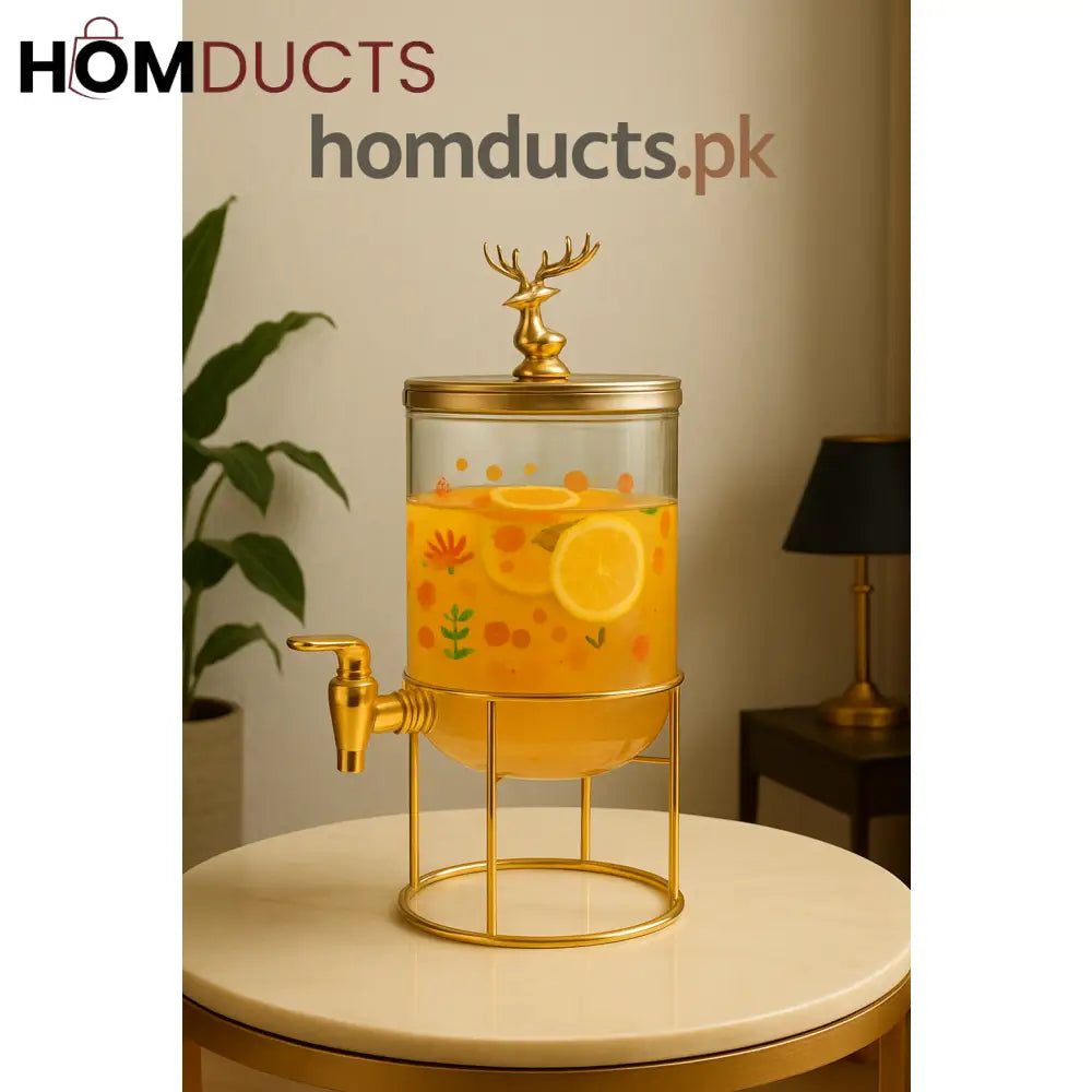 Luxury Glass Beverage Dispenser with Gold Stand & Deer Lid – 3L