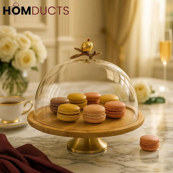 Luxury Glass Dome Cake Stand with Gold Branch Handle – 30CM Wooden Base Display Cloche