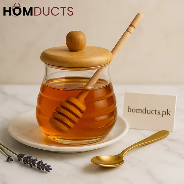 Luxury Glass Honey Jar with Wooden Lid & Dipper