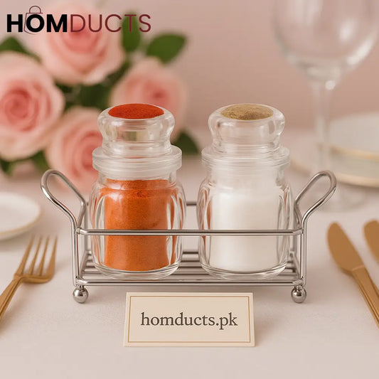 Luxury Glass Spice Jar Set with Elegant Metal Holder – Salt & Pepper Shakers