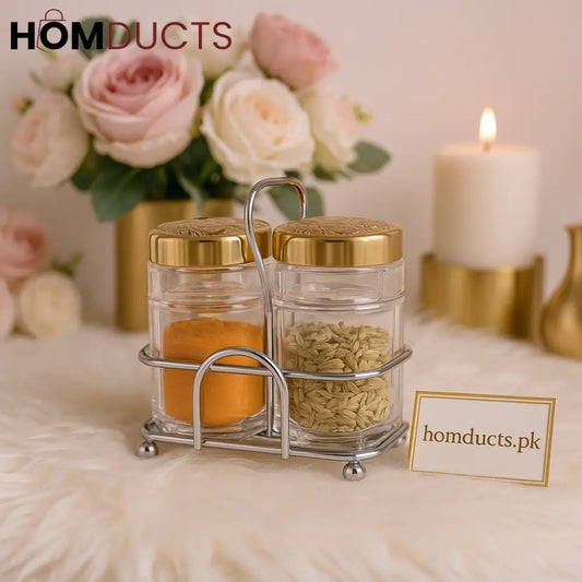 Luxury Glass Spice Jar Set with Golden Lids & Holder – Premium Kitchen Storage