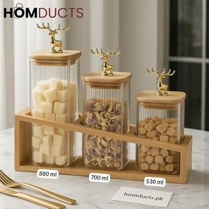 Luxury Glass Storage Jar Set with Golden Deer Lid & Bamboo Stand – 3pcs (880ml 700ml 530ml)