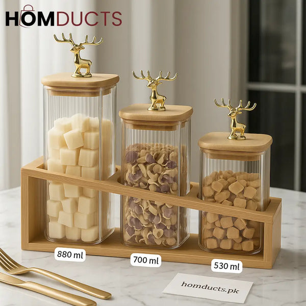 Luxury Glass Storage Jar Set with Golden Deer Lid & Bamboo Stand – 3pcs (880ml 700ml 530ml)