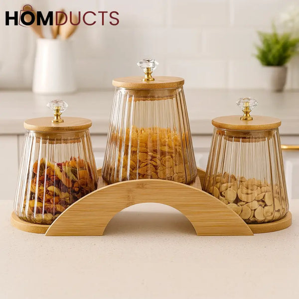 Luxury Glass Storage Jar Set with Wooden Stand – 3-Piece Airtight Canister Set
