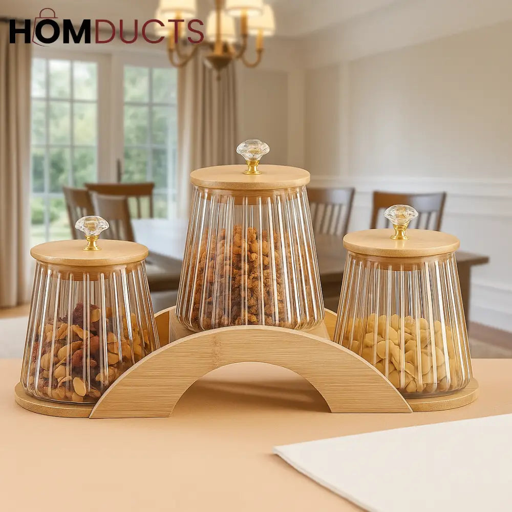 Luxury Glass Storage Jar Set with Wooden Stand – 3-Piece Airtight Canister Set