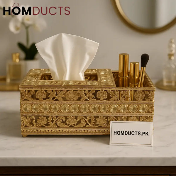 Luxury Gold Crystal Tissue Box with Makeup Organizer