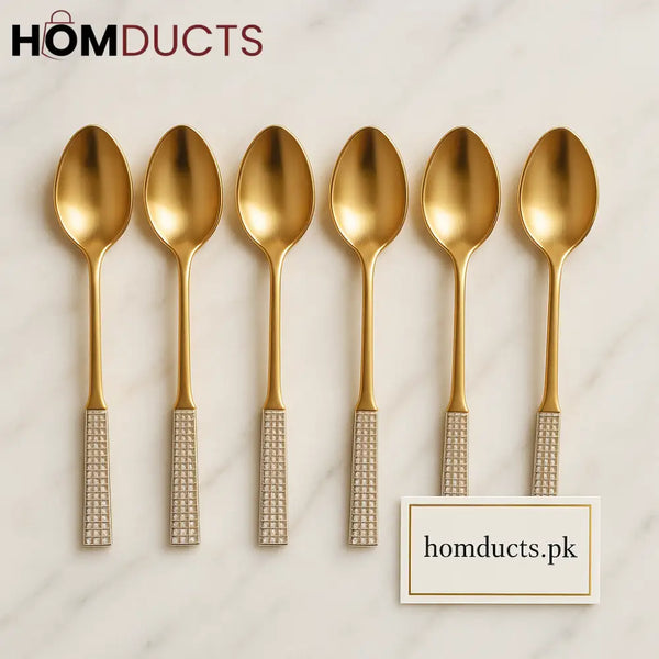 Luxury Gold Dessert Spoons Set – 6 Piece Premium Cutlery with Textured Handles