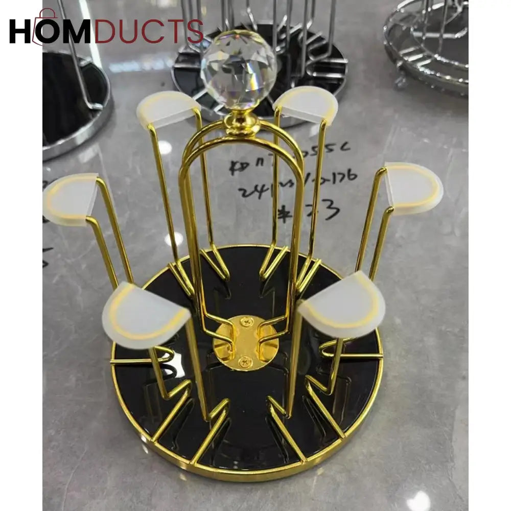 Luxury Gold Glass Cup Holder Stand – Rotating Drying Rack with Crystal Knob for Upside-Down Glass Storage