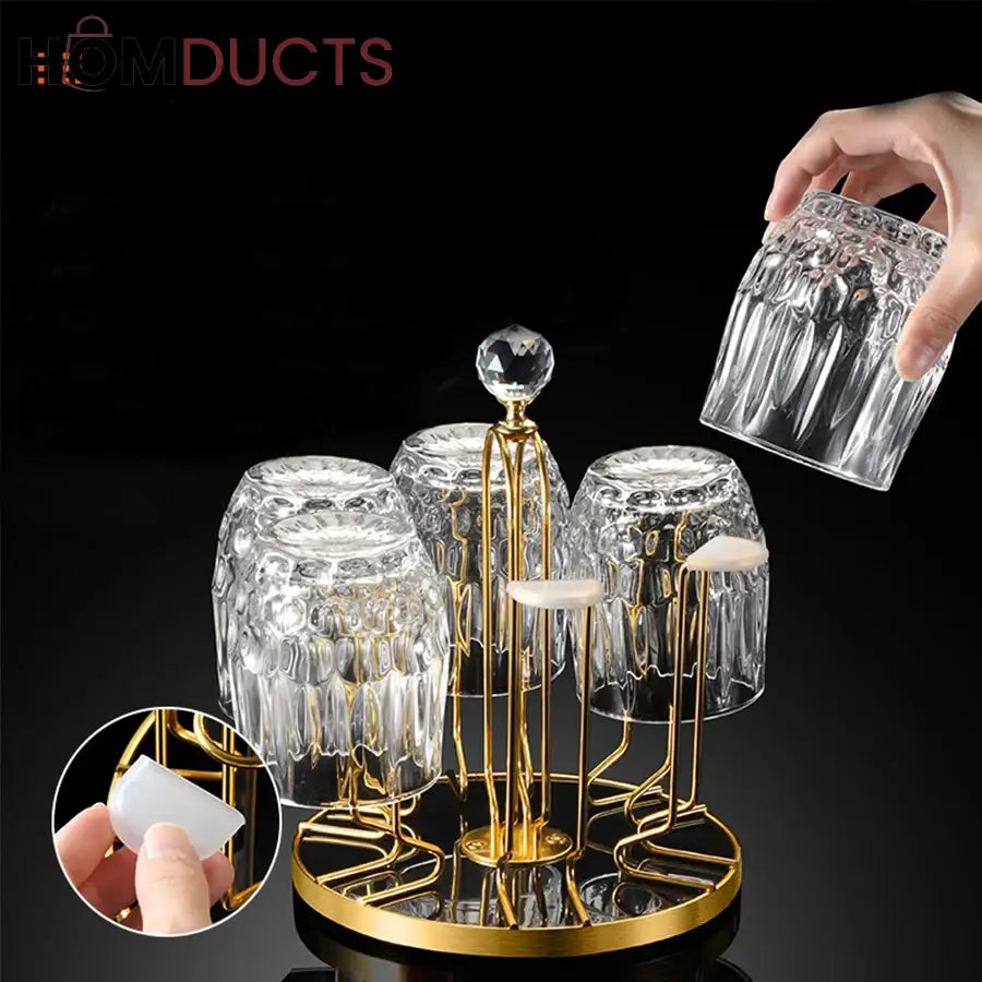 Luxury Gold Glass Cup Holder Stand – Rotating Drying Rack with Crystal Knob for Upside-Down Glass Storage