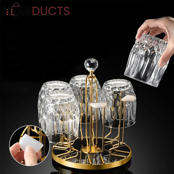 Luxury Gold Glass Cup Holder Stand – Rotating Drying Rack with Crystal Knob for Upside-Down Glass Storage