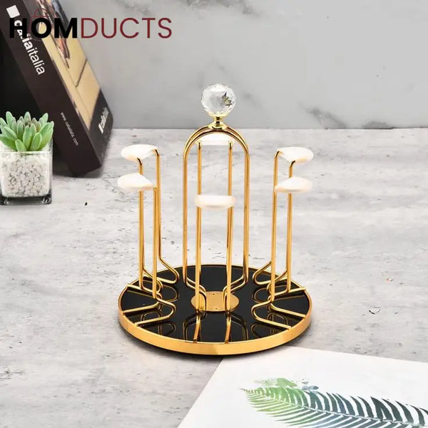 Luxury Gold Glass Cup Holder Stand – Rotating Drying Rack with Crystal Knob for Upside-Down Glass Storage