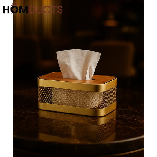 Luxury Gold Mesh Tissue Box with Wooden Top – Elegant Tabletop Dispenser