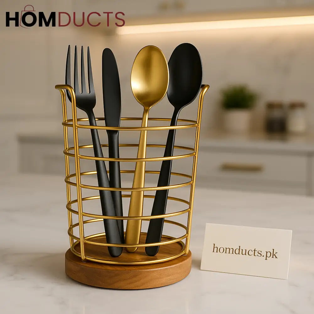 Luxury Gold Metal & Wooden Base Utensil Holder – Premium Cutlery Organizer