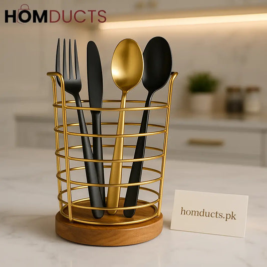 Luxury Gold Metal & Wooden Base Utensil Holder – Premium Cutlery Organizer