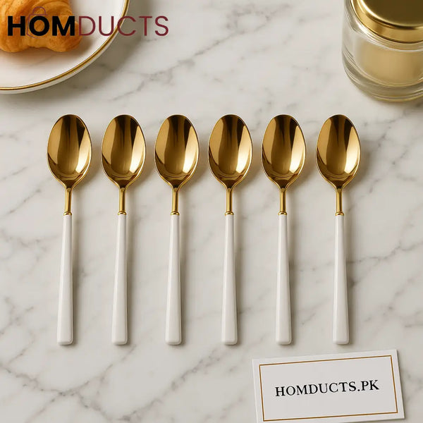 Luxury Gold & White Dessert Spoon Set – 6 Piece Premium Cutlery