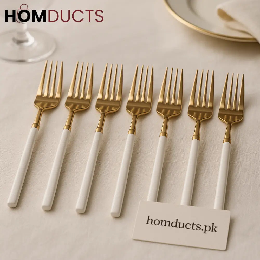 Luxury Gold & White Dinner Fork Set – 6 Pieces | Premium Stainless Steel Cutlery