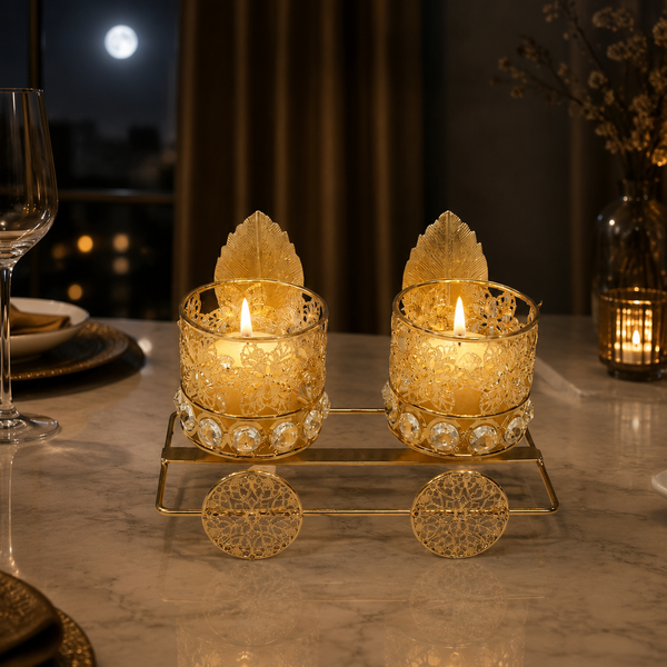 Luxury Golden Cart Candle Holder with Crystal Details