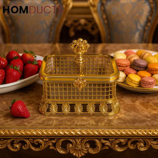 Luxury Golden Crystal Grid Box – Dessert & Decor Display