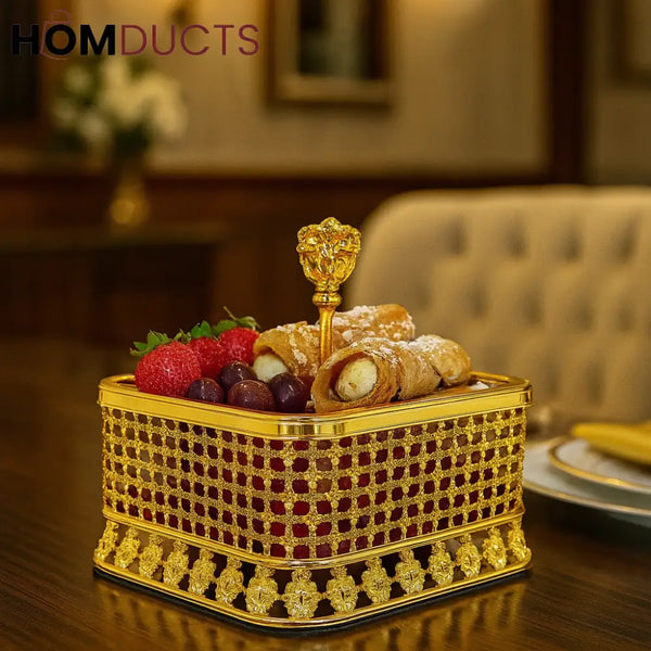 Luxury Golden Crystal Grid Box – Dessert & Decor Display