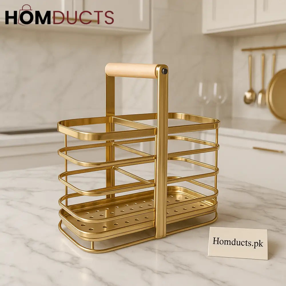 Luxury Golden Cutlery Holder with Wooden Handle – 3 Slot Utensil Organizer
